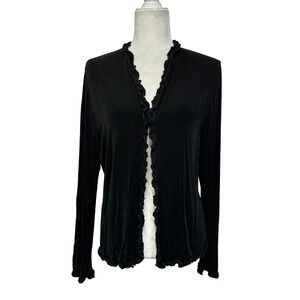 Chicos Travelers Womens Cardigan Sz 1/M Black Slinky Knit Ruffle Open Front